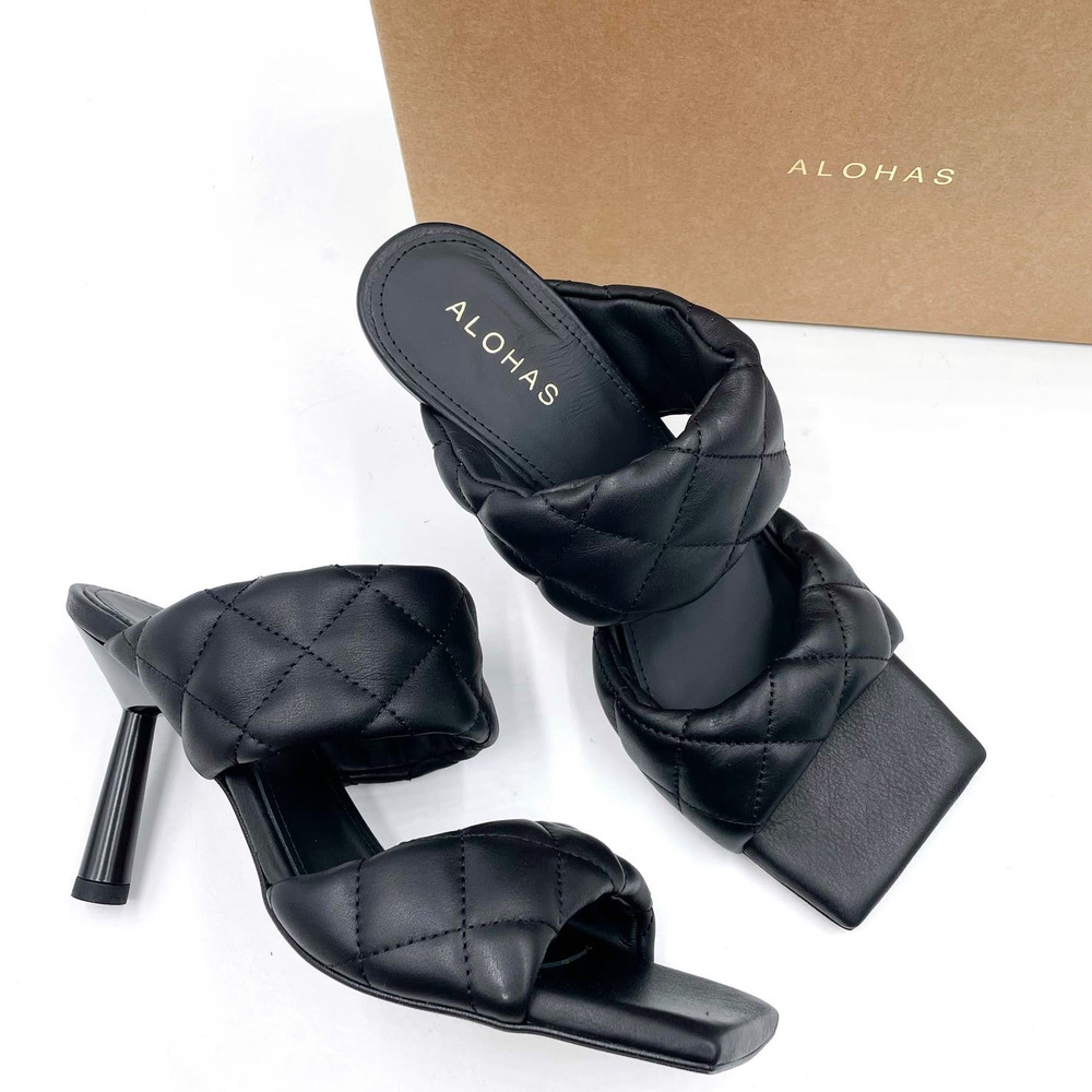 Alohas Conner Sandals Black Leather Quilted‎ Heels Square Toe